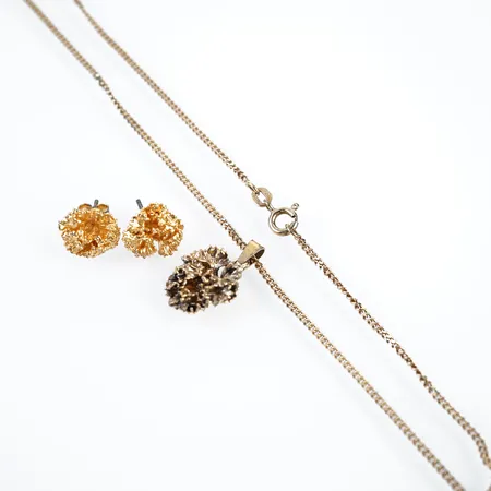 Collier m hänge och örhängen, Flora Danica Denmark, förgyllt silver, 42cm, hänge 23mm x 15mm, örhängen ca Ø 12mm, 925/1000, orginaletui Vikt: 9,1 g