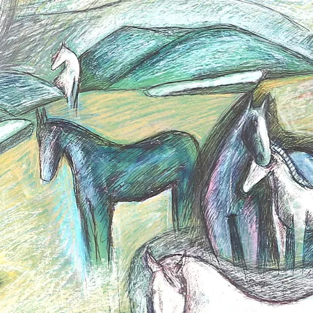 Tavla, blandteknik på papper, Monica Sjöö, daterad 94 "Magic at Arbor Low", bladstorlek ca 59x84cm, ej ramad, nålhål samt rester efter häftmassa vid kanter, färgbortfall/krackelyr. Specialfrakt, kontakta pantbankskontoret för mer information.