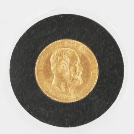 Mynt, Oscar II Sverige och Norges Konung,10 kronor, år 1901, Ø18mm, i plastkapsel samt plastficka, 21,6K guld. Vikt: 4,5 g