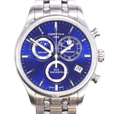 Herrur, Certina DS-8,Ø42mm, serienr: C033450A, refnr: LA1KNYW1, blå urtavla, datum, kronograf, månfas, stål, Precidrive quartz uverk, viklås, repig, bruksslitage