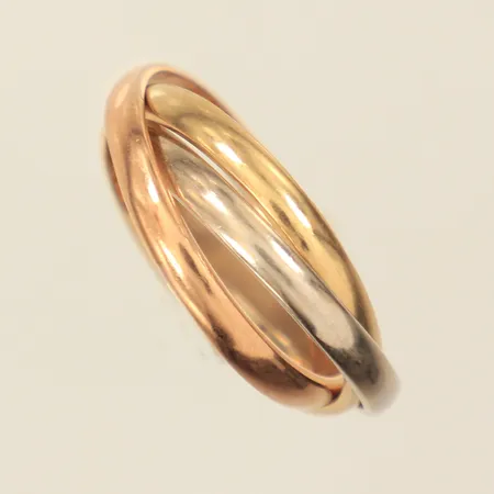 Ring tredelad, trefärgad, stl 17, bredd 2,5mm vardera ring, 14K  Vikt: 5,1 g