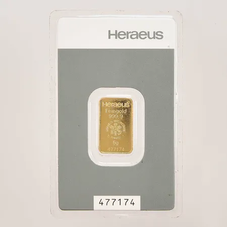 Guldtacka Heraeus, serienr:477174, Finguld 999/1000 24K 5g.