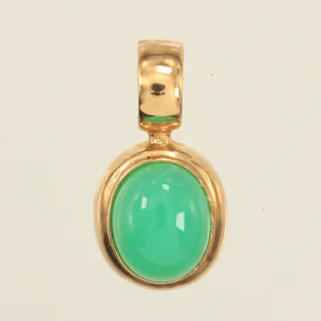 Hänge med cabochonslipad krysopras, längd inkl ögla ca 26mm, bredd ca 14mm, 9K Vikt: 5 g