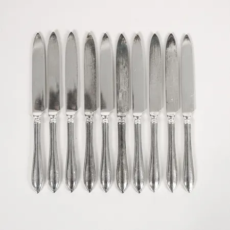 Tio fruktknivar, GAB, Stockholm, 1936, längd 16cm, bruksslitage, silver. Vikt: 350 g