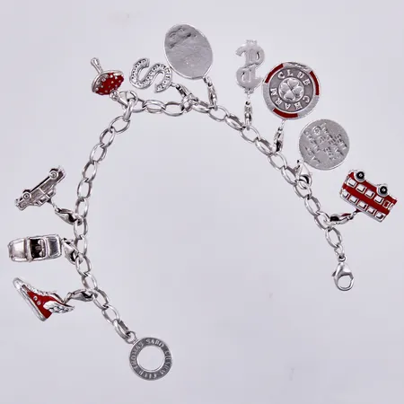 Armband med 10 berlocker med emalj och stenar, Thomas Sabo Charm Club, Längd 19cm, bredd ca 5mm, en berlock där emalj har gått av, silver 925/1000 Vikt: 38,2 g