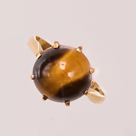 Ring, Ø19, bredd:14mm, tigeröga, defekt skena, 14K 3,8g.