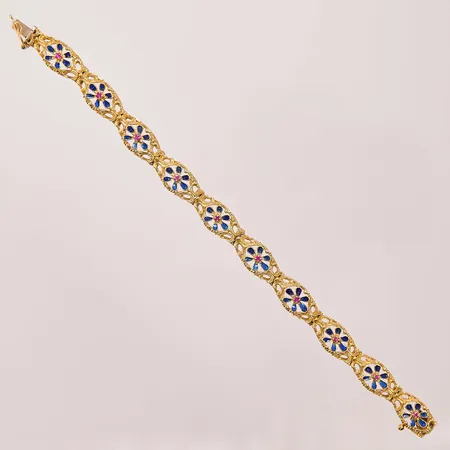 Armband, 17,5cm, bredd:9mm, emaljdekor av blommor, rosa stenar, 18K 19,9g.