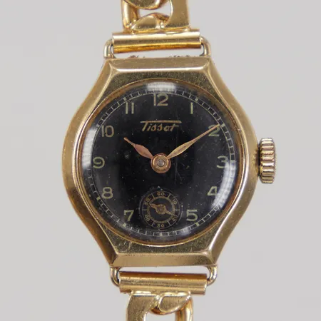 Damur, Tissot, Ø19mm, 16,5cm, bredd 6,6mm, boett doublé, länk 18K, säkerhetskedja, Bruttovikt: 28,6g.