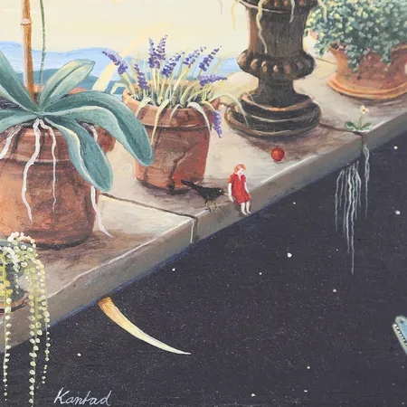 Tavla, Katarina Grette, "Kantad", olja på pannå, signerad och daterad 2002, ca 15x15cm. Skickas med postpaket.