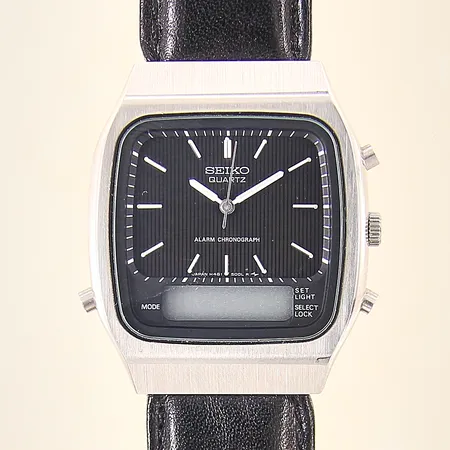 Herrur Seiko Alarm Chronograph, stål, quartz, ref-nr: H461-5000, serie-nr: 691795, Ø32mm, kronograf, läderband ej original med slitage, batteribyte krävs, inga tillbehör 
