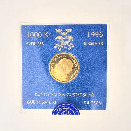 Minnesmynt, Sveriges Konung, Carl XVI Gustaf 50år, Sveriges Riksbank 1996, Guld 900/1000, Ø21 mm, nominellt värde 1000kr, plastetui, förseglat, 21,6K Vikt: 5,8 g