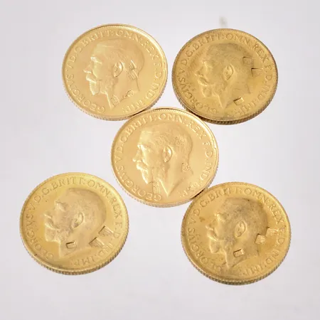 Mynt i 22K guld, 8G, 5 Sovereign GEORGE IVS DG BRITT OMN REX FD IND IMP, från1918 (3st), 1927 (2st), vikt 40g.