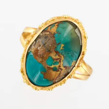 Ring med trolig Turkos, stl: 18¼, skev skena, bucklor, 21K,  Vikt: 5,1 g