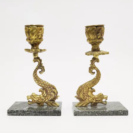 2 Ljusstakar, Edvard Hagman, nr: 479, höjd: 15,5cm, empirestil, mässing, sten