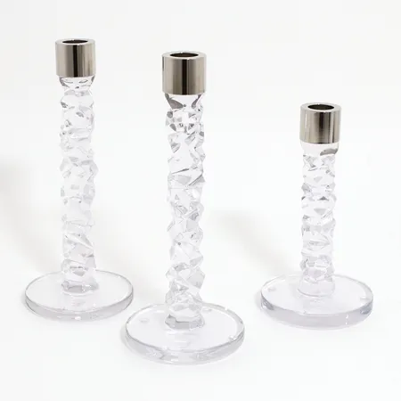 Tre ljusstakar Orrefors, Carat, design Lena Bergström, höjd:ca 23,5cm, 18cm, kristall med ståldetaljer, etikettmärkta