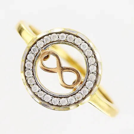 Ring, Evighetstecknet, stenar, stl 18¾, bredd 1,5-12mm, röd/gulguld, 18K.  Vikt: 2,5 g