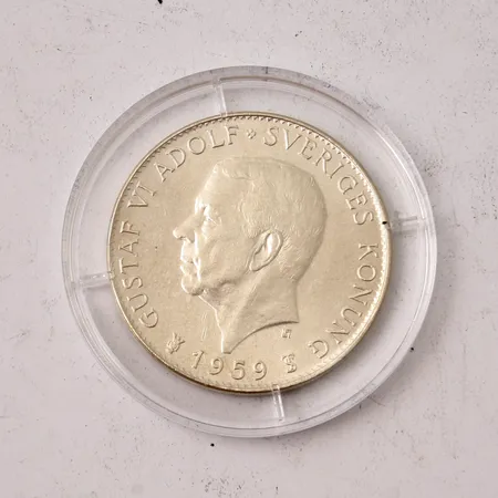 Silvermynt, 5kr, Ø34mm, Gustaf VI Adolf, 1959, 400/1000, myntkapsel, vikt 18g.