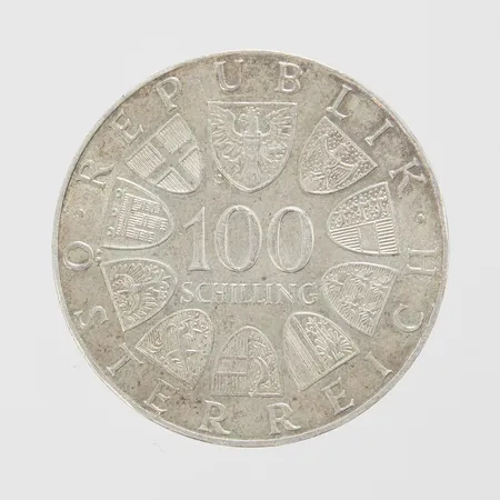 Silvermynt, Ø35,9mm, 1200 jahre, 777-1977, 100 Schilling, Republik Österreich, finhalt 640/1000 Vikt: 23,9 g