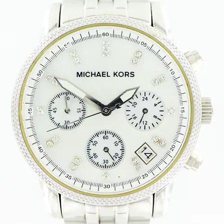 Damur Michael Kors, Ritz, MK-5020, quartz, stål, Ø38mm, pärlemortavla med kristaller, mineralglas, länkens innermått ca 16cm, repor på glas och länk, inga tillbehör, behov av batteribyte