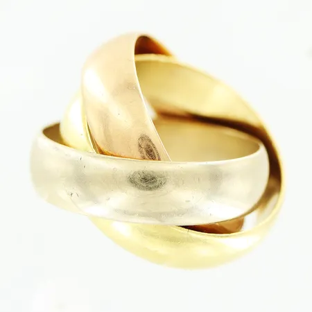 Ring, 3-delad, stl 16, bredd 11mm, gul/röd/vitguld, smärre hack och repor, 18K.  Vikt: 13,2 g