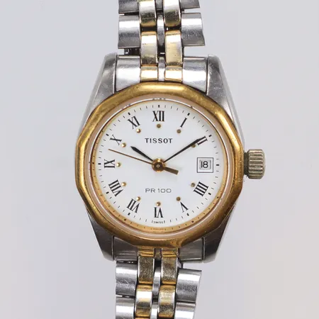 Damur Tissot PR 100, quartz, Ø ca 26mm, safirglas, datum, sekundvisare, stål/gulmetall, originallänk med viklås, ca 15,5cm, bruksslitage, ej funktionstestad, inga tillbehör