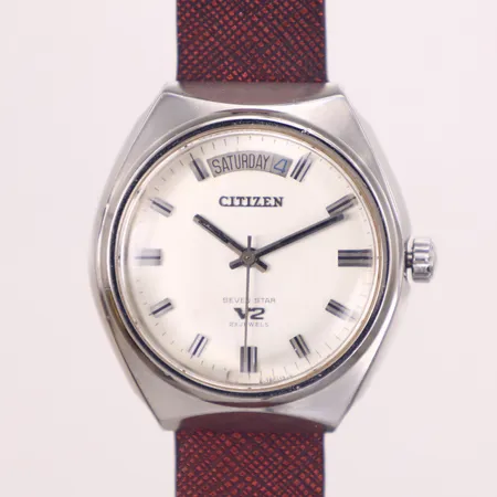 Herrur, Citizen, Seven Star V2, stål, automatisk, 38mm, boettnr 4-780086Y, 01120877, plexiglas, dag/datum, rött läderband i nyskick, inga tillbehör