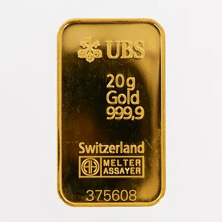 Guldtacka, UBS Switserland, 999,9/1000, nr 375608, i bruten plombering, 24K, Vikt: 20 g