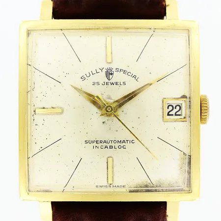 Herrur Sully Special, superautomatic incabloc, 29x29mm, automatisk, 18K i boett, smuts på urtavlan, läderband ej original, bruttovikt 36,6gram