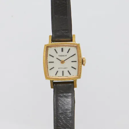 Damur, Tissot Stylist, Ø19mm, kvarts, går ej, guld på stål, läderband, inga tillbehör.