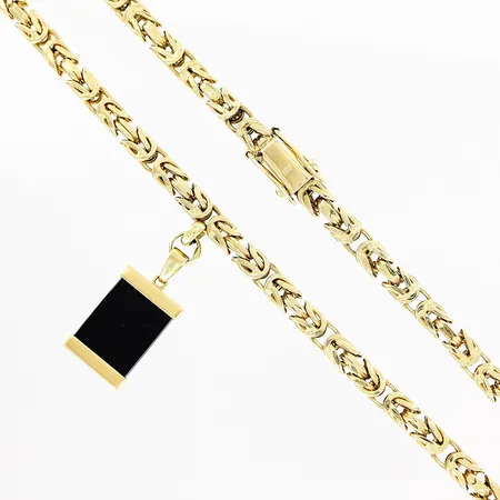 Kedja, Kejsarlänk, 64cm, bredd 5mm, ej avtagbart hänge 30x14mm, svart stenimitation, 18K. Vikt: 120,3 g