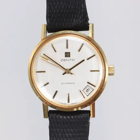 Herrur Zenith Ø34mm, ref nr, 46.0291.380, datum, automat, guld på stål, går men eventuellt servicebehov, originalkrona, ca 1970-tal, slitet läderband med originalspänne  Vikt: 0 g