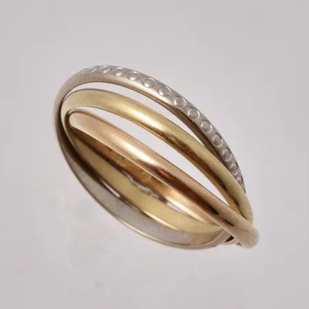 Ring i 18K rött/gult/vitt guld, stl 17½, bredd 5,4mm, kattfot, vikt 4,26g.