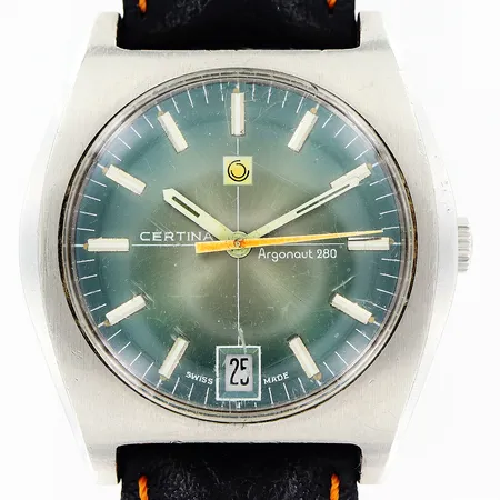 Herrur Certina Argonaut 280, manuell, stål, läderband, grön urtavla, orange sekundvisare, Ø38mm, datum, repor på plexiglas, läderband ej original, inga tillbehör