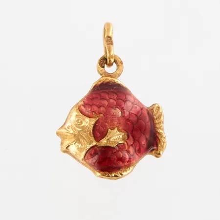 Hänge fisk med röd emalj, 20mm, bredd: 13mm, 18K  Vikt: 1,4 g