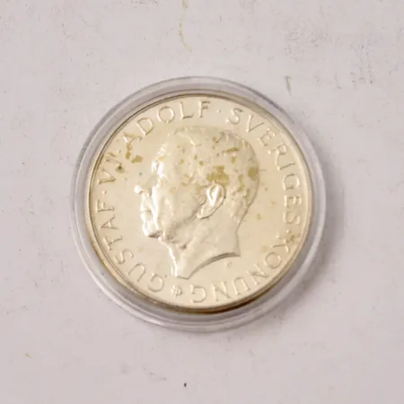 Silvermynt 10kr, Ø32mm, Gustaf VI Adolf, Sveriges konung, Plikten framför allt, 1972, 830/1000, myntkapsel, vikt 17,98g.