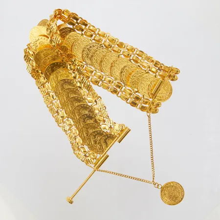 Armband med integrerade mynt, längd: ca.18cm, bredd: 31-31,6mm, säkerhetskedja med mynt, facetterade länkar, 21K Vikt: 65,1 g
