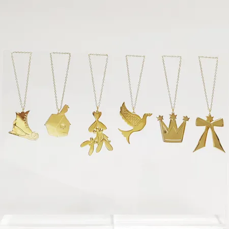 6 Juldekorationer, Georg Jensen, Christmas Collectibles 2011, 2013 samt 2014, höjd: ca.3,5-6,5 cm, guldpläterad mässing, i orginalförpackningar. 