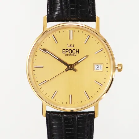 Herrur Epoch Stockholm, Ø34mm, boett 18K, Quartz, datum, svart läderarmband, box, Inköpt på Bernhard Huke i Malmö, nyskick