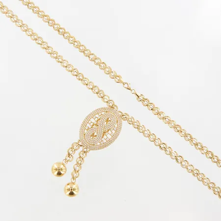 Collier med integrerat hänge, vita stenar och ihåliga guldkulor, 64cm, länkens bredd: 6,7mm, hängande del: 80mm, 14K, Vikt: 249 g
