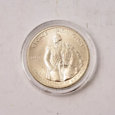 Silvermynt, Half dollar, Ø30mm, USA 1982, George Washington, 900/1000, myntkapsel, vikt 12,6g.