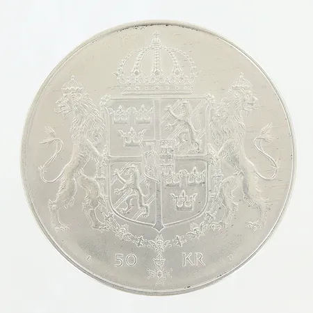 Minnesmynt, Ø36mm, Det Kungliga bröllopet, Konung Carl XVI Gustaf Drottning Silvia 19 Juni 1976, nominellt värde 50kr, silver 925/1000 Vikt: 26,9 g