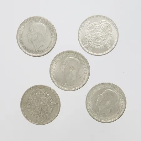 5 Silvermynt, Øca.30,9mm, Gustav V, Med folket för fosterlandet, 1945-1950, nominellt värde 2kr, finhalt 400/1000 Vikt: 69,7 g