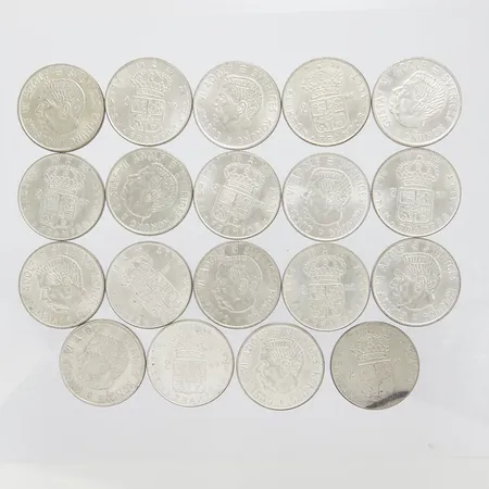 19 Silvermynt, Øca.31mm, Gustaf VI Adolf, Plikten framför allt, 1954-1965,  nominellt värde 2kr, finhalt 400/1000 Vikt: 266,2 g