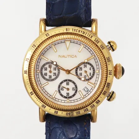 Herrur Nautica, quartz, Ø35mm, serie nr: A20019L, gulmetall, pärlemor i urtavla, kronograf, läderband, originalspänne