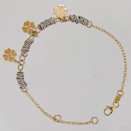 Armband, 17-19,5cm, Ankarlänk, bredd:2mm, tre berlocker fyrklöver, vitguld/rödguld, 18K.   Vikt: 4,3 g