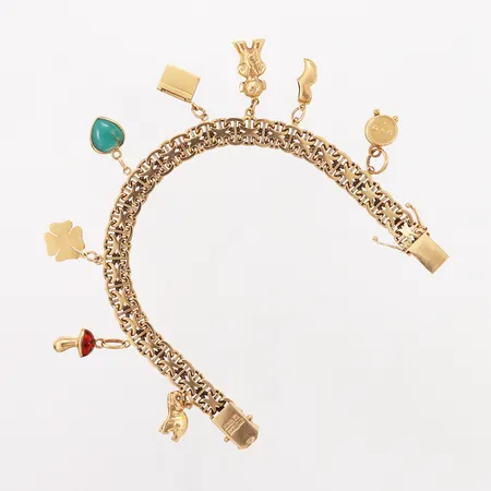 Armband X-länk med stav, 8 berlocker, 20cm, bredd: 8mm, 18K Vikt: 28,3 g