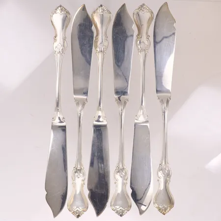 6 Fiskknivar, modell Olga, ca 22cm, CG Hallberg, silver 830/1000 Vikt: 356,6 g
