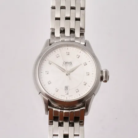 Damur, Oris Artelier Date, refnr: 7604, boettnr: 31-58080, cal 561, stål, automatisk, datum, Ø31mm, diamantindex, , safirglas, glasbaksida, viklås, stållänk, handledsmått inklusive ur 15,5cm, 4st extralänkar, certifikat, originalbox, inköpt från Smycka Östersund 2021-12-27 enligt cert.