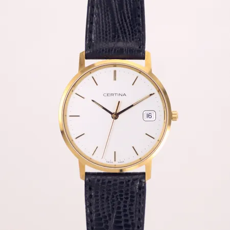 Herrur, Certina, 18K, quartz (går ej), 33,5mm, boettnr EOL 158.9289.68, safirglas, datum, gravyr, svart läderband, box