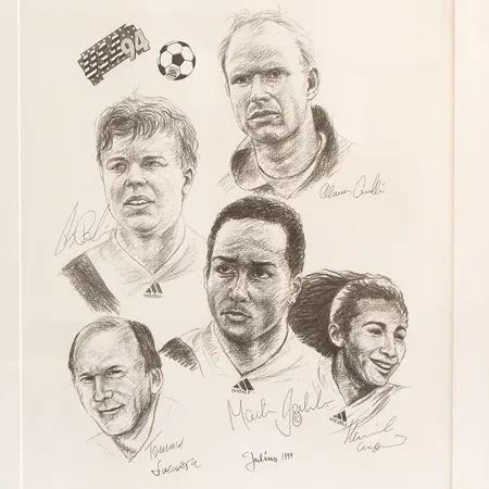 Litografi, Carl Julius, Fotbolls-VM 1994, rammått: 52x68cm, bildmått: 40x55cm, signerad C Julius 1994 Skickas med postpaket.